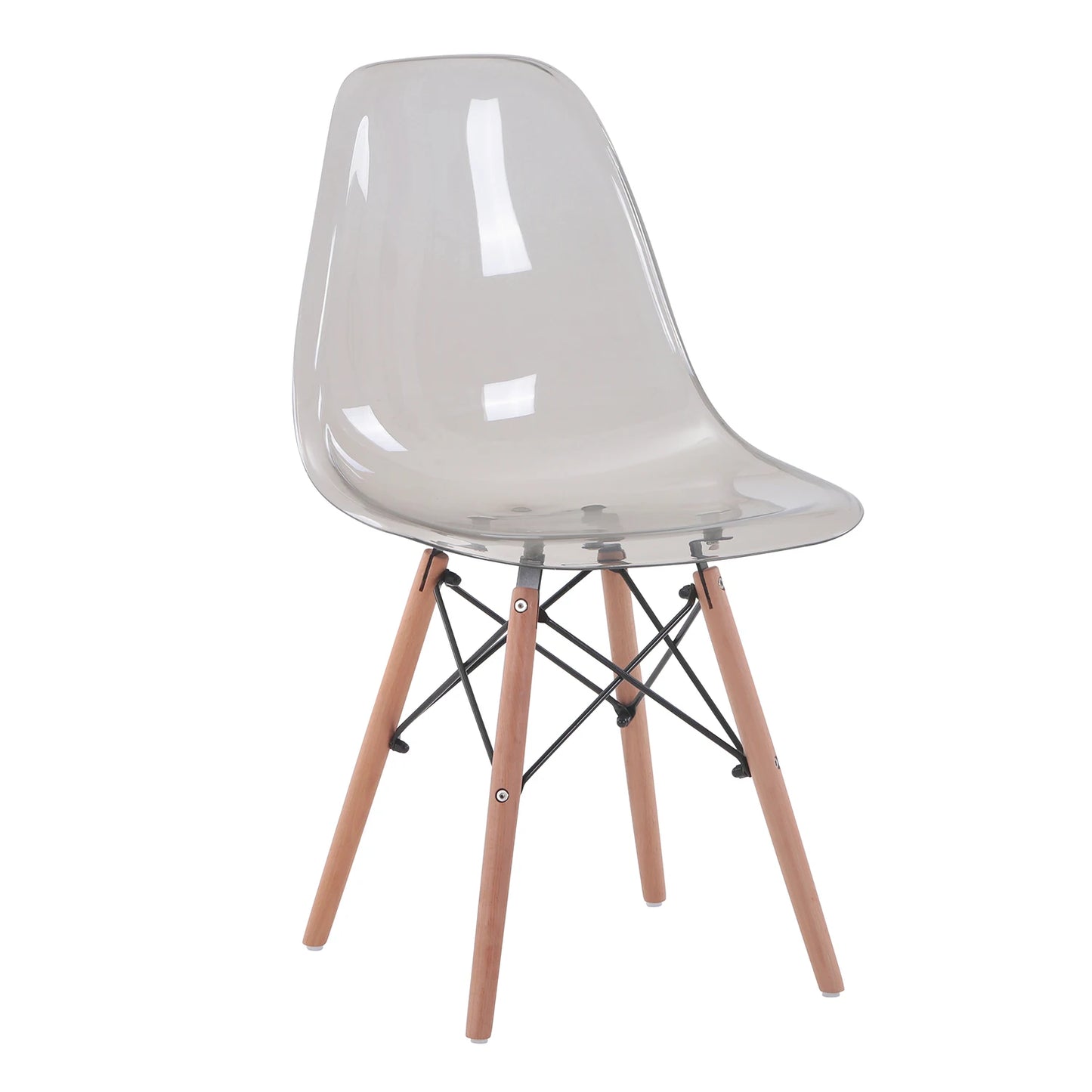 Een set van 4 transparante eetkamerstoelen. Moderne plastic stoelen, kristallen stoelen met houten poten voor keuken, woonkamer, eetkamer.