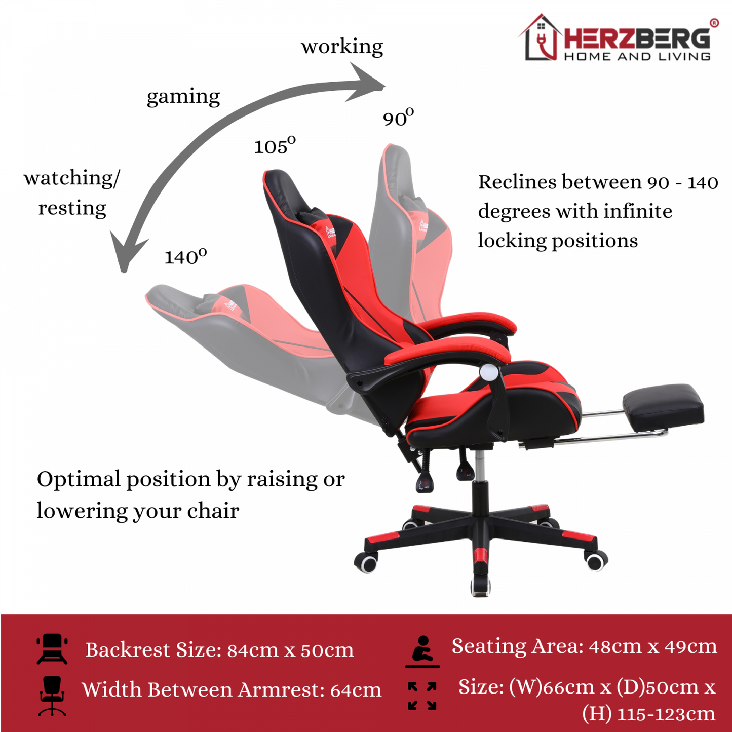 Herzberg Gaming en Bureaustoel met Intrekbare Voetsteun Rood