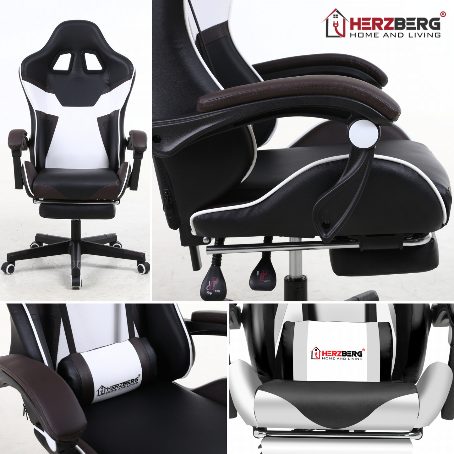 Herzberg HG-8082: driekleurige gaming- en bureaustoel met T-vormig accentblauw