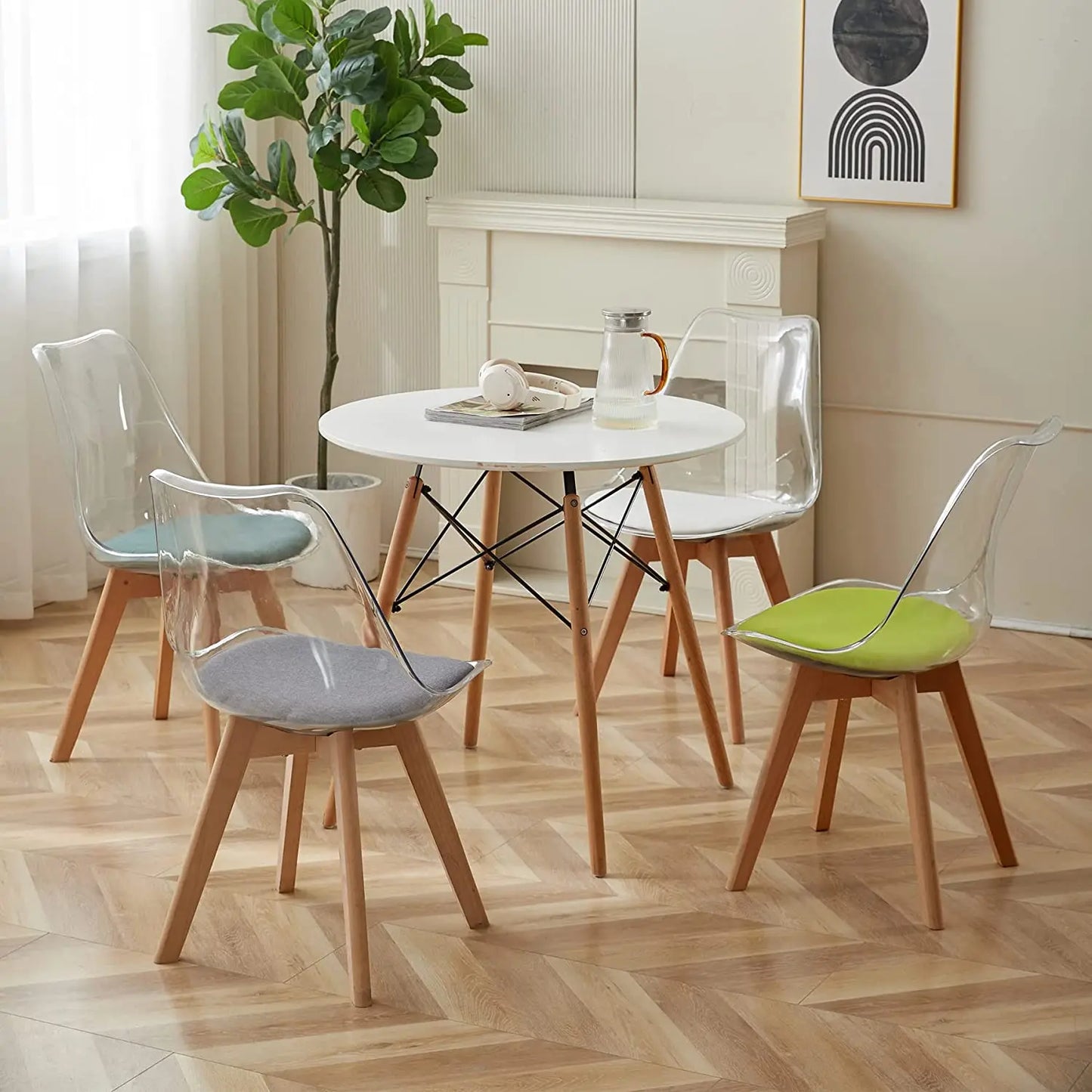 Set van 4 transparante eetkamerstoelen met houten poten. Moderne comfortabele PU-stoel voor keuken, slaapkamer, woonkamer. Geschikt voor thuis keukenmeubilair.