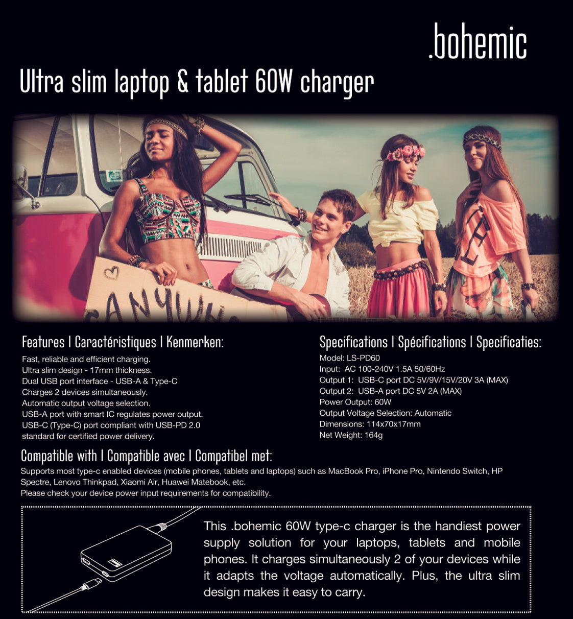 Bohemic BOH7382: Ultraslanke laptop- en tabletoplader van 60 W