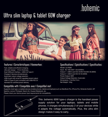 Bohemic BOH7382: Ultraslanke laptop- en tabletoplader van 60 W
